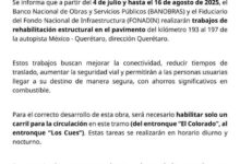 Aviso para usuarios de la autopista México-Querétaro