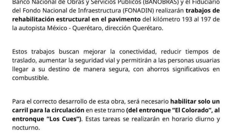 Aviso para usuarios de la autopista México-Querétaro